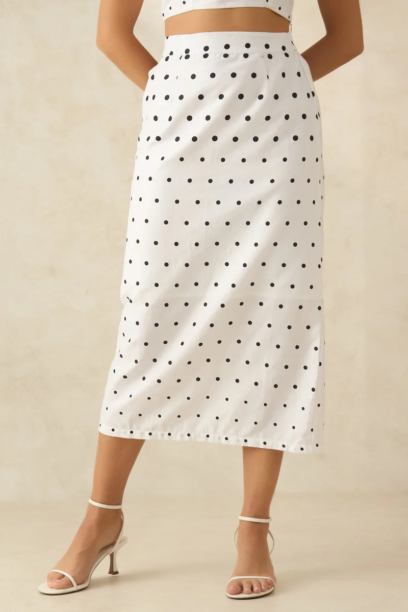 فيرجيو Printed  Cotton Polka Midi Skirt With Fitted Style for Women