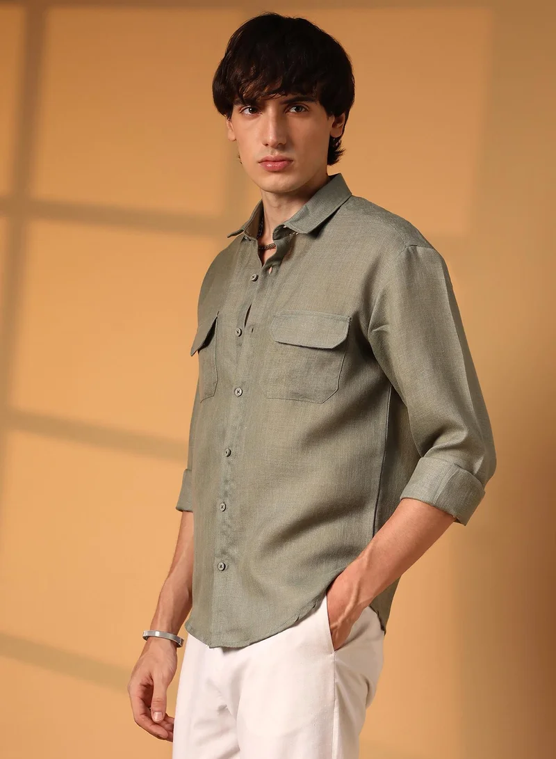 Campus Sutra Men's Olive Green Solid Utility Shirt