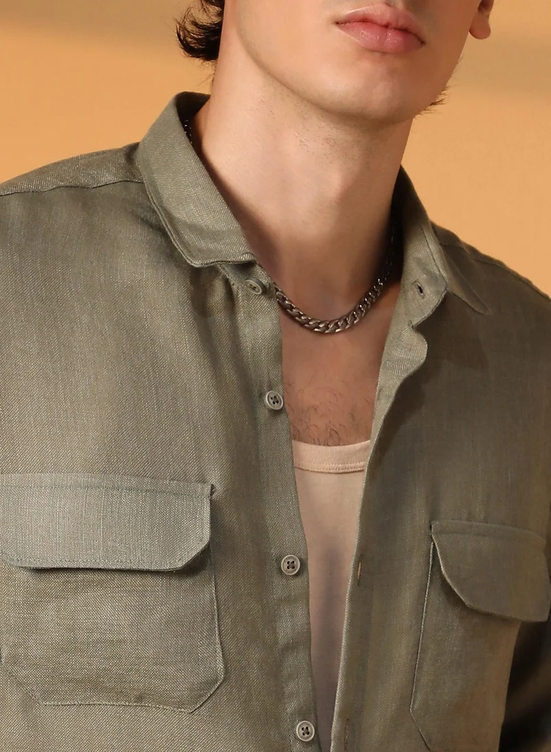Campus Sutra Men's Olive Green Solid Utility Shirt