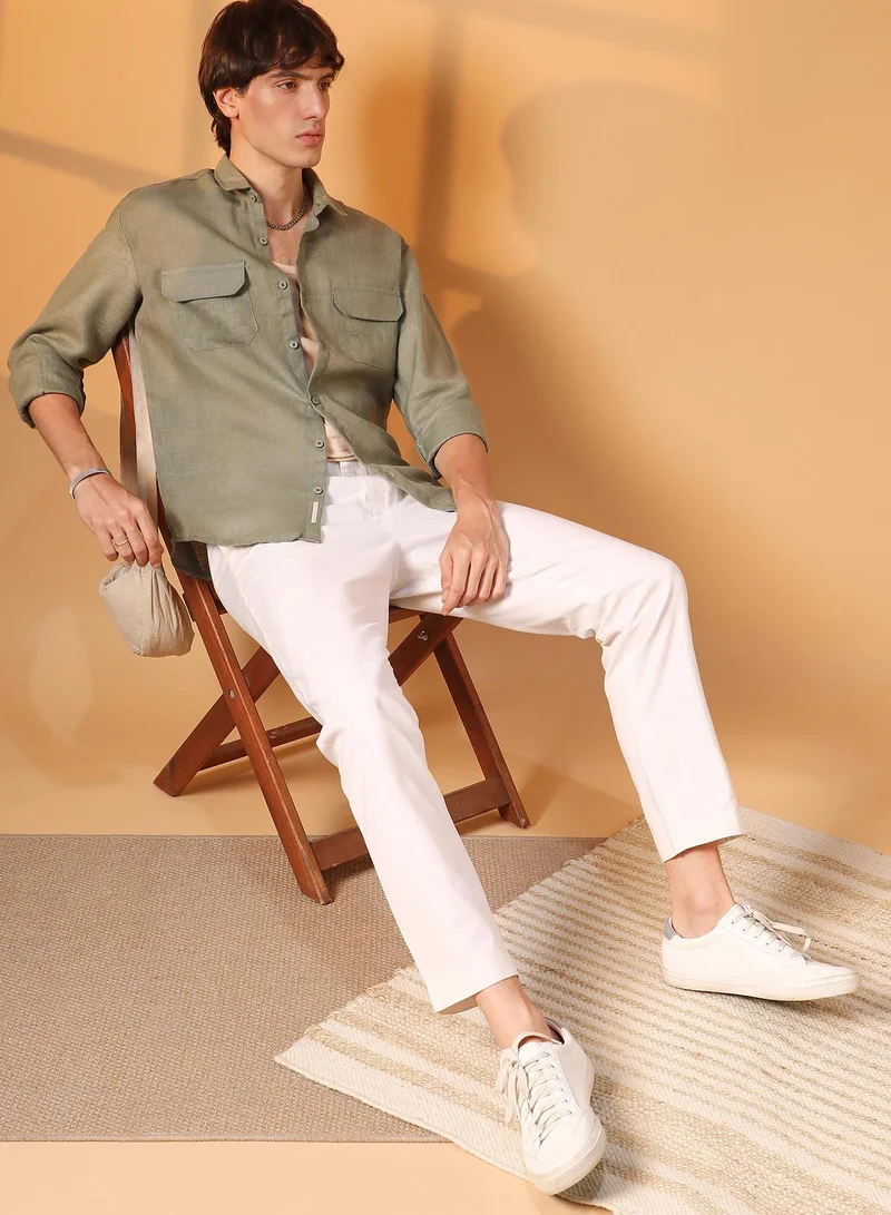 Campus Sutra Men's Olive Green Solid Utility Shirt