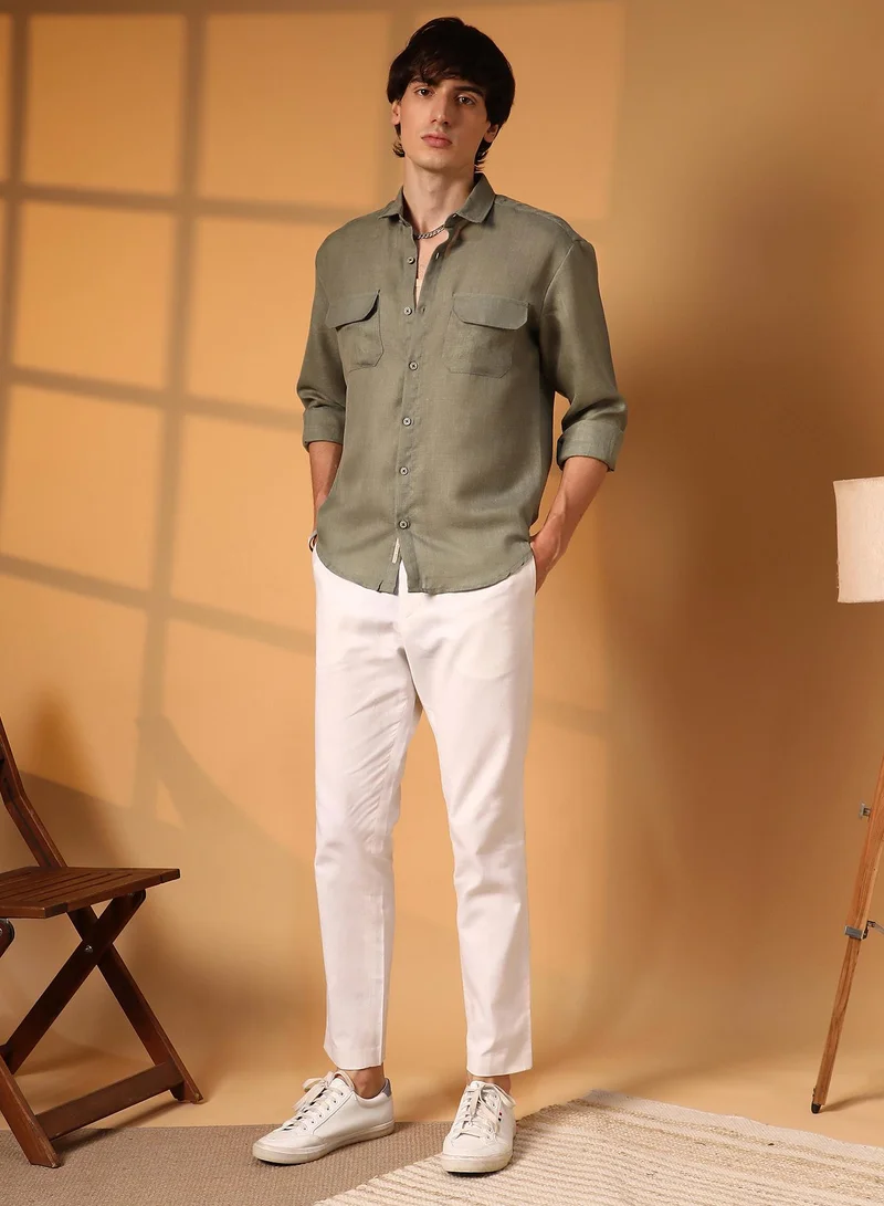 Campus Sutra Men's Olive Green Solid Utility Shirt