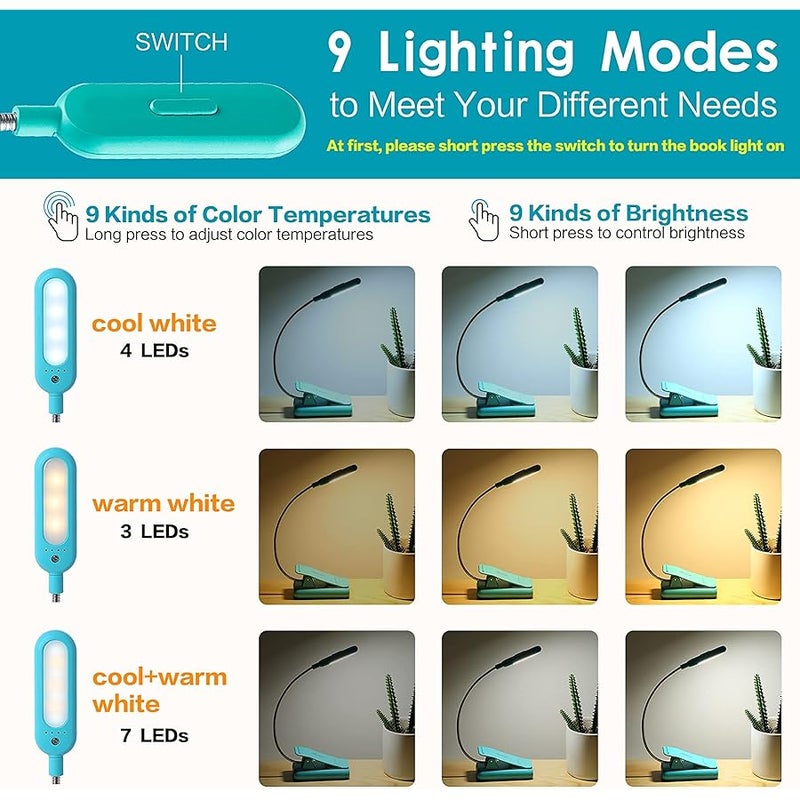 vavofo Clip On Book Light for Bed Kids, 7 LED Reading Light with 9-Level Warm Cool White Daylight, Eye Care Lamp with Power Indicator for Bookworms (Blue) - Image 2