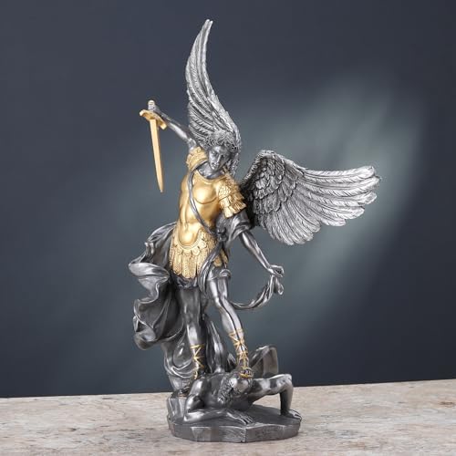 USI Veronese Design 14 5/8 Inch Saint Michael Tramples Demon Resin Sculpture Cold Cast Pewter Finish Statue - Image 5