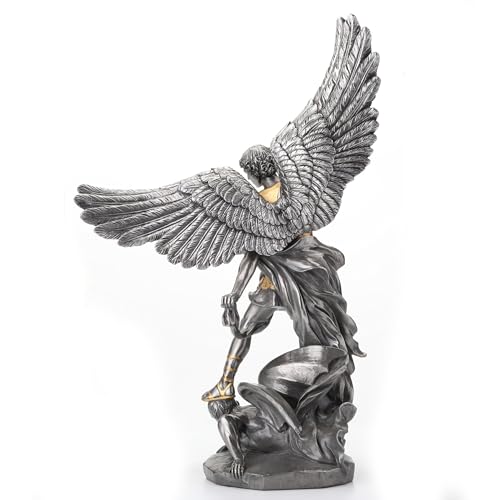 USI Veronese Design 14 5/8 Inch Saint Michael Tramples Demon Resin Sculpture Cold Cast Pewter Finish Statue - Image 3