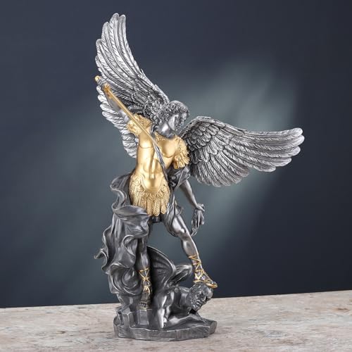 USI Veronese Design 14 5/8 Inch Saint Michael Tramples Demon Resin Sculpture Cold Cast Pewter Finish Statue - Image 4