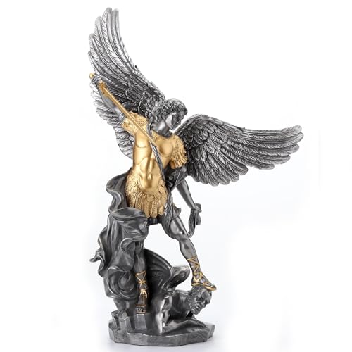 USI Veronese Design 14 5/8 Inch Saint Michael Tramples Demon Resin Sculpture Cold Cast Pewter Finish Statue - Image 1