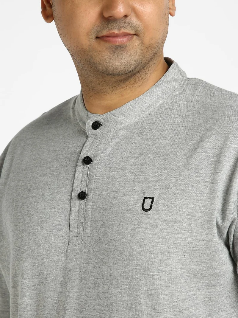 Urbano Fashion  Urbano Plus Men's Grey Melange Solid Mandarin Collar Regular Fit Half Sleeve Cotton T-Shirt  | Best Price UAE