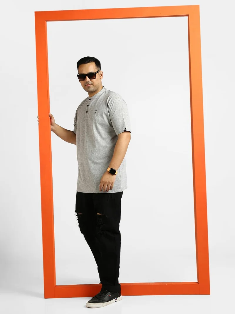 Urbano Fashion  Urbano Plus Men's Grey Melange Solid Mandarin Collar Regular Fit Half Sleeve Cotton T-Shirt  | Best Price UAE