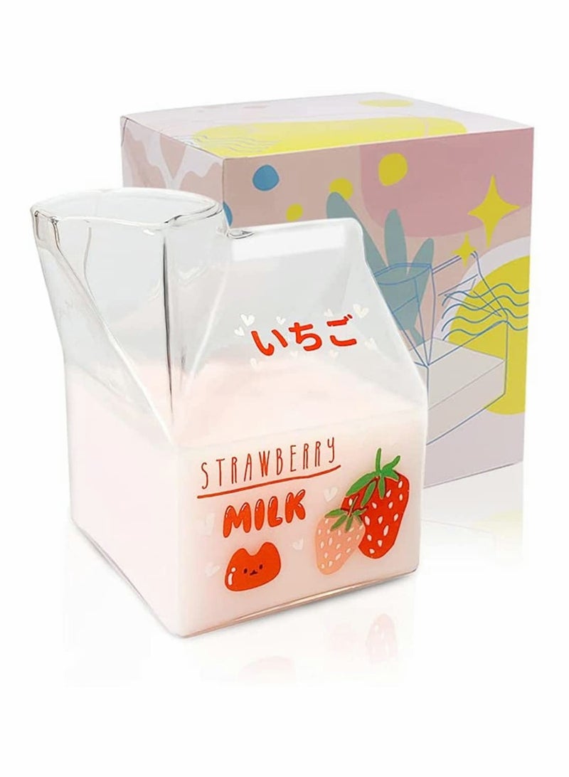 Clear Glass Milk Carton Cup Microwavable lovely Milk Cups Mini Creamer Container Strawberry Square Breakfast Mug Premium Creamer Pitcher with Gift Box - Image 1