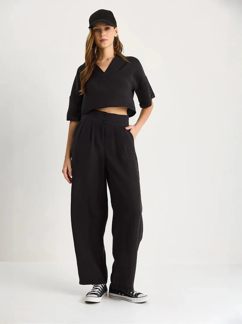 Bianco Lucci Black LUCCI V-Neck Knitted Two-Piece Coord Set with Wide Leg Pants for Women | Best Price UAE