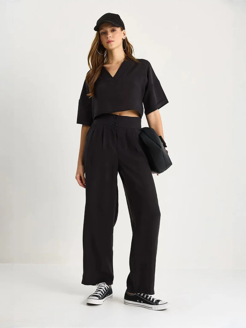Bianco Lucci Black LUCCI V-Neck Knitted Two-Piece Coord Set with Wide Leg Pants for Women | Best Price UAE
