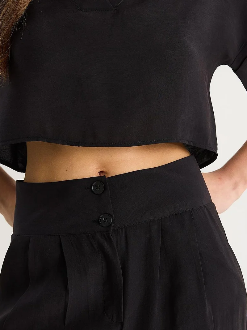 Bianco Lucci Black LUCCI V-Neck Knitted Two-Piece Coord Set with Wide Leg Pants for Women | Best Price UAE