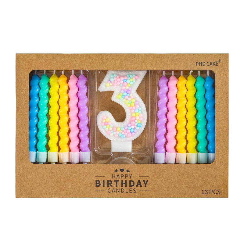 PHD CAKE Number 3 Birthday Candle Macaron Glitter Number Candle with Rainbow Spiral Candles in Holders for Cake Topper, Pastel Sweet Theme Party Decoration - Image 1