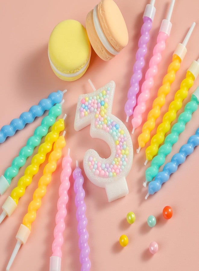 PHD CAKE Number 3 Birthday Candle Macaron Glitter Number Candle with Rainbow Spiral Candles in Holders for Cake Topper, Pastel Sweet Theme Party Decoration - Image 2