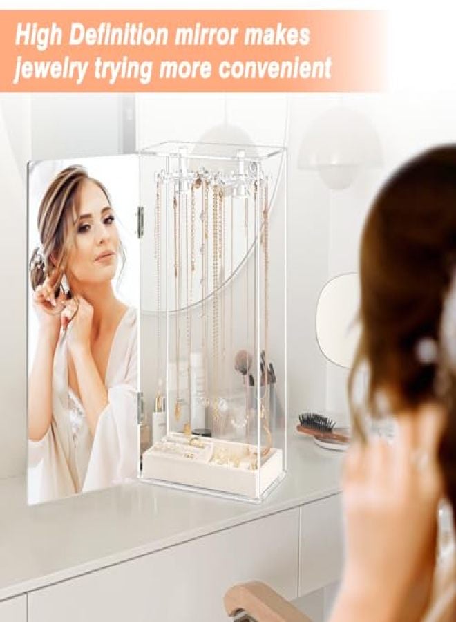 Jenseits Necklace Organizer with Mirror, Acrylic Necklace Holder Organizer w/Velvet Tray, 24 Hooks Jewelry Organizer Holder Storage Stand, Ring Earrings Bracelets Display for Vanity Makeup - Image 3