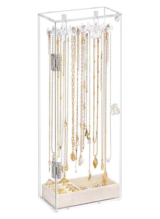 Jenseits Necklace Organizer with Mirror, Acrylic Necklace Holder Organizer w/Velvet Tray, 24 Hooks Jewelry Organizer Holder Storage Stand, Ring Earrings Bracelets Display for Vanity Makeup - Image 1