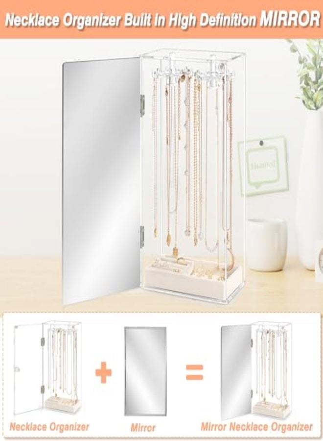 Jenseits Necklace Organizer with Mirror, Acrylic Necklace Holder Organizer w/Velvet Tray, 24 Hooks Jewelry Organizer Holder Storage Stand, Ring Earrings Bracelets Display for Vanity Makeup - Image 4