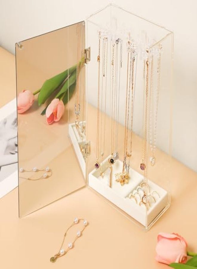Jenseits Necklace Organizer with Mirror, Acrylic Necklace Holder Organizer w/Velvet Tray, 24 Hooks Jewelry Organizer Holder Storage Stand, Ring Earrings Bracelets Display for Vanity Makeup - Image 2