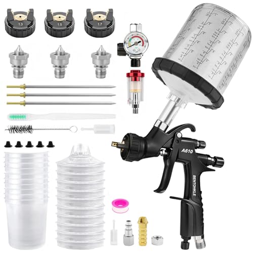 BENTOHKLE R500 LVLP Air Spray Gun with 10PCS 650ML Disposable Paint Cups A610 Paint Guns Automotive Paint Gun Sprayer for Car Painting 131517mm Nozzles with Air RegulatorWaterOil Separator - Image 1