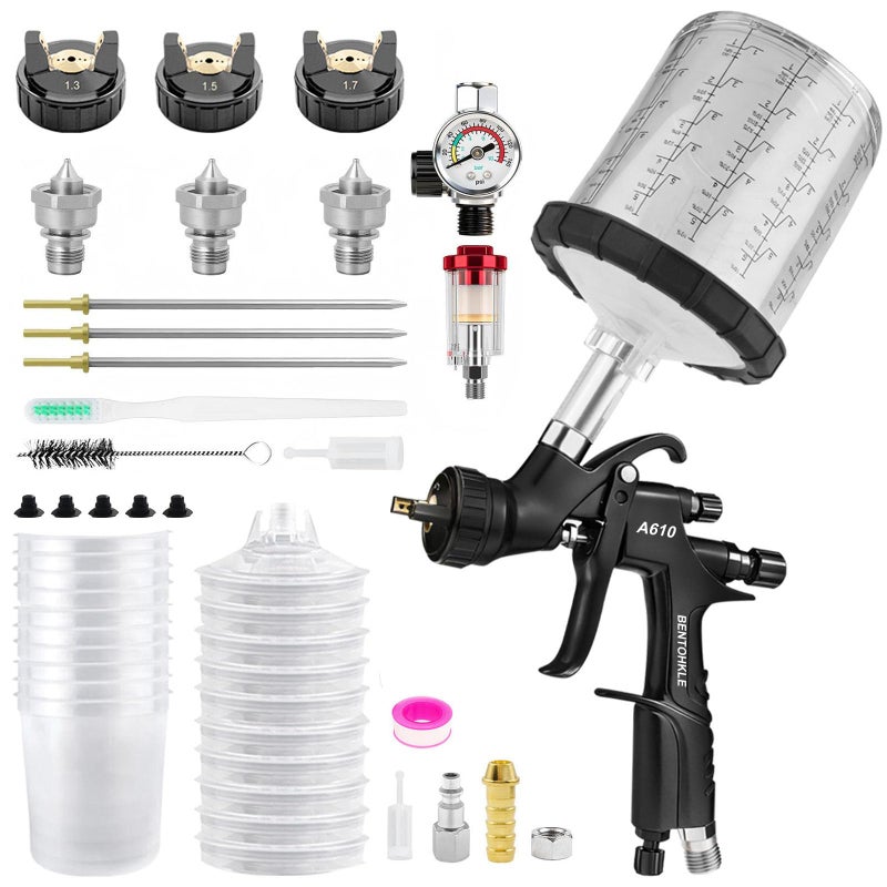 BENTOHKLE R500 LVLP Air Spray Gun with 10PCS 650ML Disposable Paint Cups A610 Paint Guns Automotive Paint Gun Sprayer for Car Painting 131517mm Nozzles with Air RegulatorWaterOil Separator - Image 2
