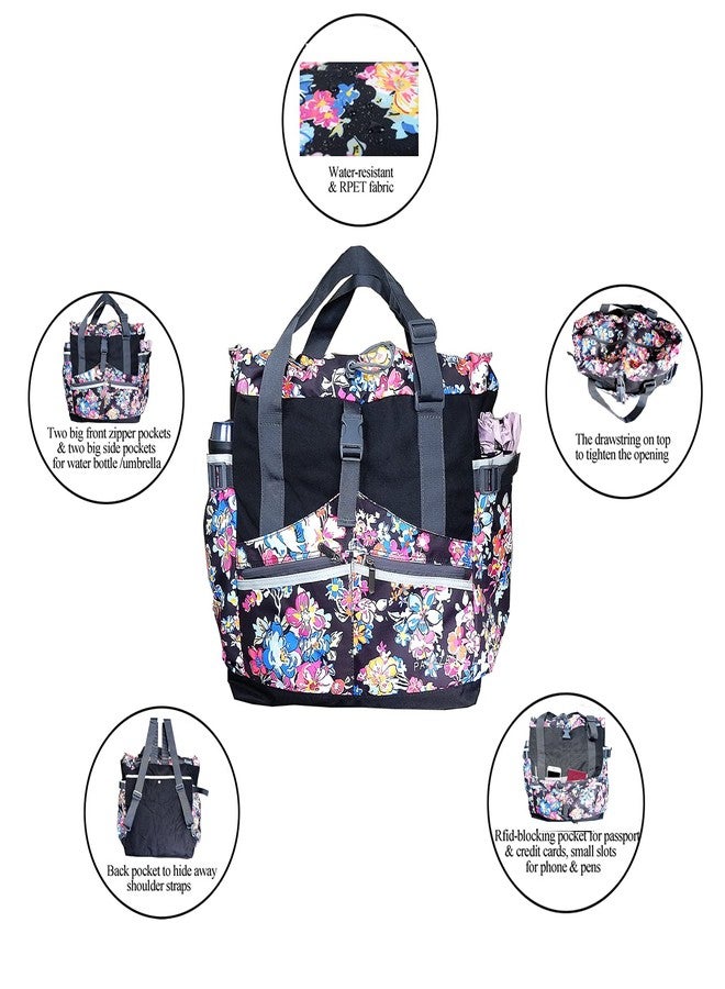 PAPAZAU Rfid Travel Tote Bag 40L Convertible Tote Backpack, Flower Print, Large - Image 3