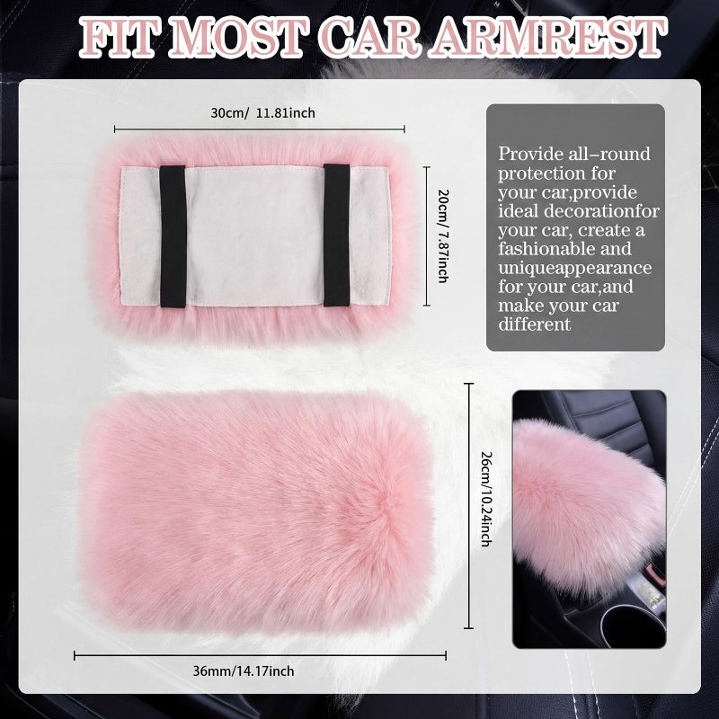 Frienda Furry Armrest Cover Auto Center Console Cover Car Soft Console Pad, Real Sheepskin Wool Soft Fluffy Auto Center Armrest Pad for Most Car Decoration Protector(Light Pink) - Image 2