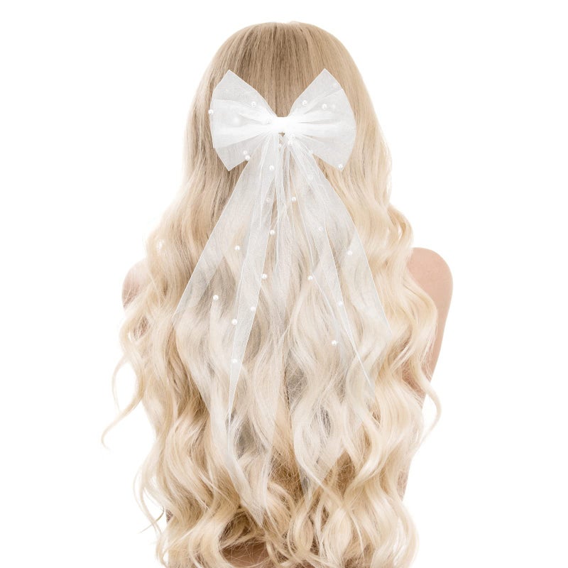 Bridal Pearl Hair Bow Veil Bridesmaid Large Hair Bow Wedding Veil with Barrette Bachelorette Party Decorations Bridal Bridesmaid Gift White