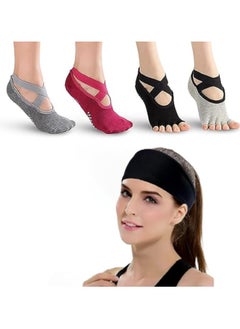 Smartwattz 4 Pairs Yoga Socks 1 Headband For Women Non-Slip Grips & Straps,Washable Ideal for Pilates,Pure Barre, Ballet, Dance, Barefoot Workout, Yoga Socks for Women Grey-Black-Red-Light Grey  - Image 1