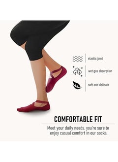 Smartwattz 4 Pairs Yoga Socks 1 Headband For Women Non-Slip Grips & Straps,Washable Ideal for Pilates,Pure Barre, Ballet, Dance, Barefoot Workout, Yoga Socks for Women Grey-Black-Red-Light Grey  - Image 2