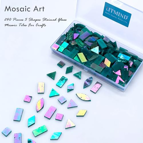 LITMIND Turquoise Iridescent Stained Glass Mosaic Tiles for Crafts - 240 Pieces, 5 Shapes Mixed (Rectangle, Triangle, Rhombus, Square, Leaf) - Ideal for Mosaic Making Projects and Beginners - Image 2