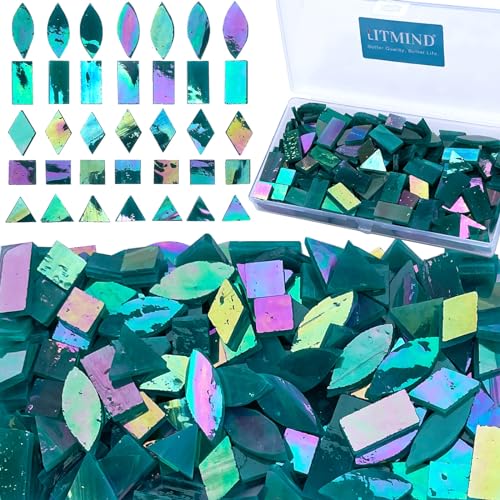 LITMIND Turquoise Iridescent Stained Glass Mosaic Tiles for Crafts - 240 Pieces, 5 Shapes Mixed (Rectangle, Triangle, Rhombus, Square, Leaf) - Ideal for Mosaic Making Projects and Beginners - Image 1