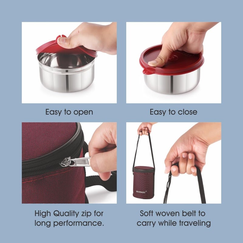 MODWARE MODWARE Exclusive Pouch Tiffin/Stainless Steel Container Lunch Box/Insulated Leak Proof Tiffin Box for School/College/Office for Kids, Men, Women with Handle Cover Bag (Set of 3, Maroon)  - Image 4