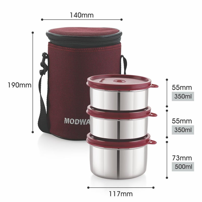 MODWARE MODWARE Exclusive Pouch Tiffin/Stainless Steel Container Lunch Box/Insulated Leak Proof Tiffin Box for School/College/Office for Kids, Men, Women with Handle Cover Bag (Set of 3, Maroon)  - Image 2