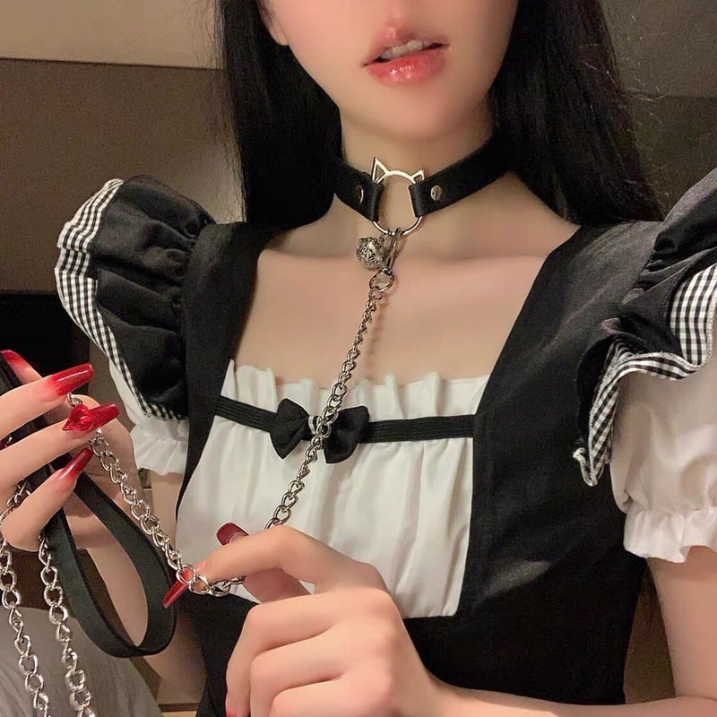 Cat Bell Choker Collar Necklace for Women (Black) cat ear Bell combination two-piece set 