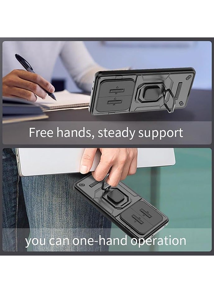 Realme 14 Pro Plus 5G Case, حالة مقاومة للصدمات, حماية السقوط المضادة, غطاء عدسة الكاميرا المضادة للخدش المدمج الشريحة, متكامل 360 درجة دوار حلقة الركض, أسود - Image 3