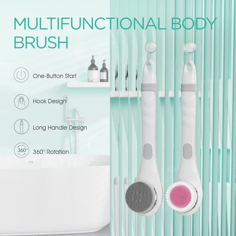 VOYOR Electric Body Brush Back Scrubber for Shower Rechargeable Exfoliating Bath Brush Powered Shower Brush with Non-Slip Long Handle Deep Cleansing, Exfoliation, Massaging Spin Brush BC100 (Gery) - Image 2