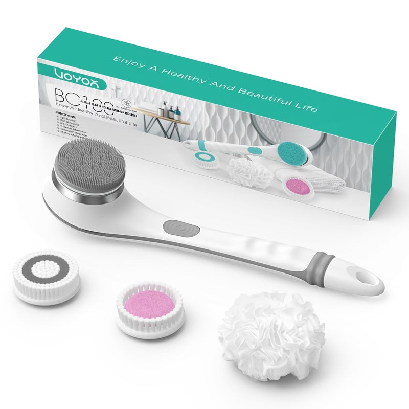 VOYOR Electric Body Brush Back Scrubber for Shower Rechargeable Exfoliating Bath Brush Powered Shower Brush with Non-Slip Long Handle Deep Cleansing, Exfoliation, Massaging Spin Brush BC100 (Gery) - Image 1