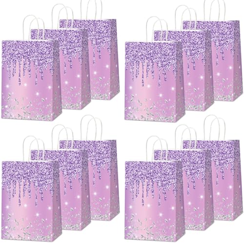 Naozinebi 12Pcs Purple and Silver Gift Bags Glitter Diamond Goodie Bag Happy Birthday Treat Bag Glitter Purple Candy Bags Supplies for Wedding Bridal Baby Shower Holiday Party Favors Decorations 473158inch - Image 1