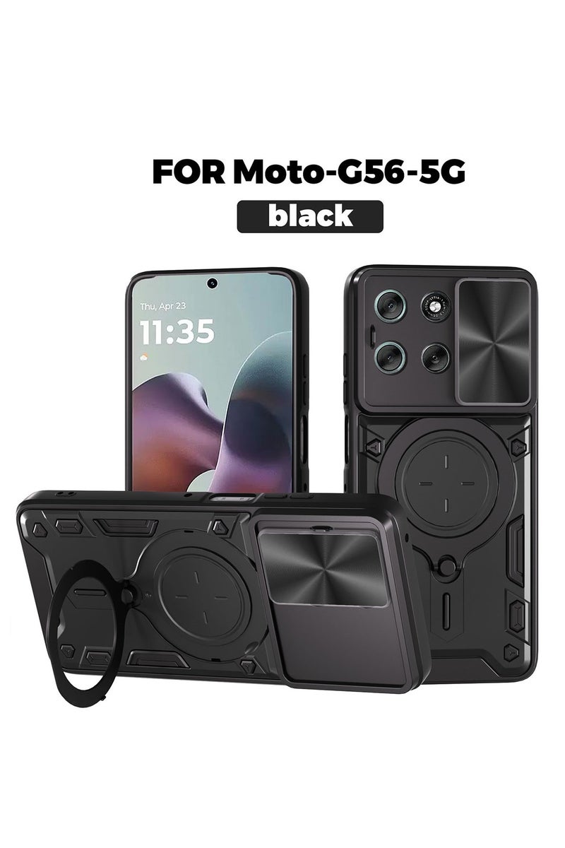 SanHu for Motorola G56 5G Case, Slide Camera Lens Cover, Magnetic Ring Holder Kickstand Protective Phone Case for Motorola G56 5G, Black - Image 1