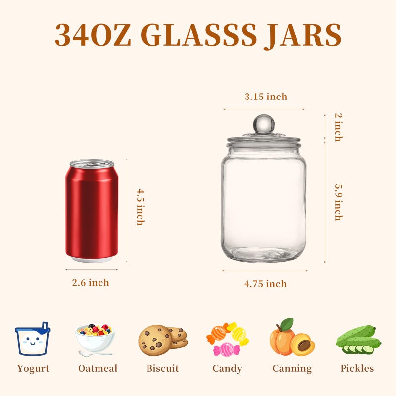 MRZIKPO Glass Jars with Airtight Lid Set of 4, Food Jars 34 oz, Pickle Jars, Canning Jars, Glass Containers, Suitable for Kitchen, Pickles, Flour, Grains, Pasta, Sugar, Herbs, Coffee - Image 5
