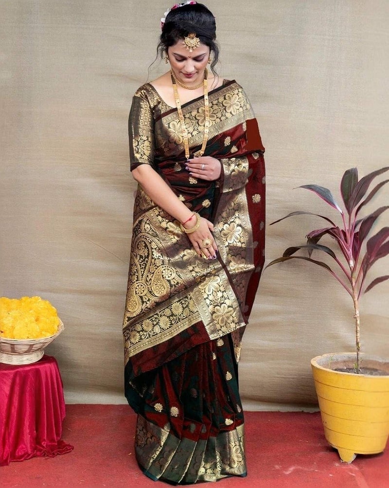 Shiv Textiles Women's Silk Woven Kanjivaram Saree(S-102-MAROON) - Image 2