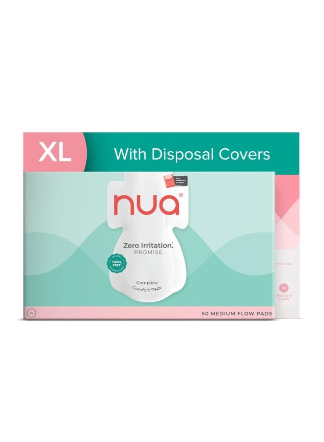 Nua Complete Comfort Sanitary Pads - Designed for Sensitive Skin | Pack of 50 pads for Medium flow, with Disposal covers | Zero Irritation | Comfortable All-Day Protection | Ultra-Thin | Super Absorbent | No rashes | 50% Wider Back | 100% Toxic-Free, Dermatologically Tested - Image 1