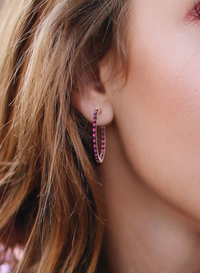 Santuzza 925 Sterling Silver Post Lightweight Hoop Earrings 2.29 CT Created Ruby Cuff Pierced Earring (Rose Gold Plated) - Image 3