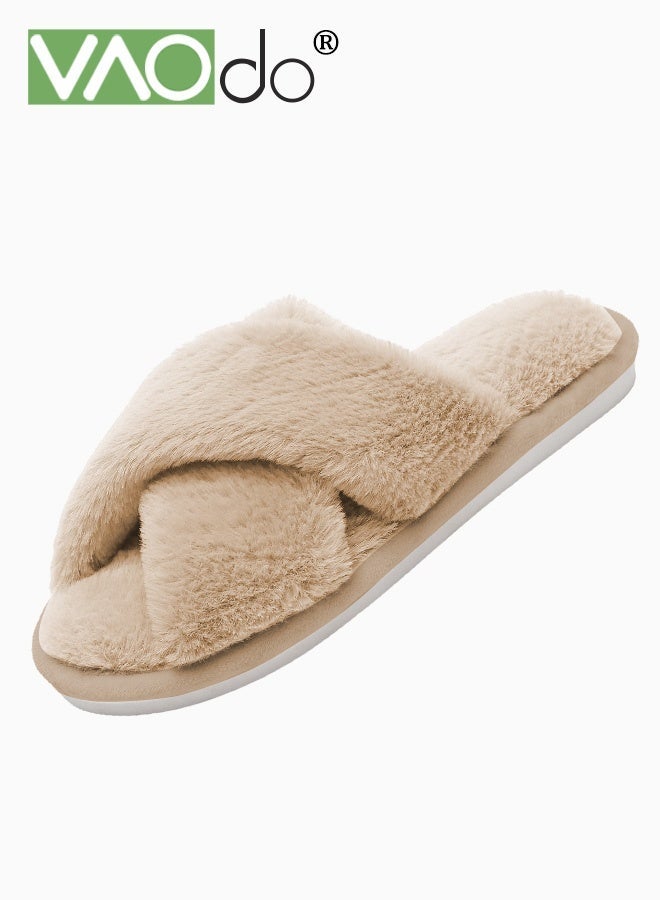 VAOdo Womens Fuzzy Memory Foam Slippers Cross Band Cozy Plush Home Slippers Fluffy Furry Open Toe House Shoes Indoor Outdoor Slide Slipper Browm - Image 1