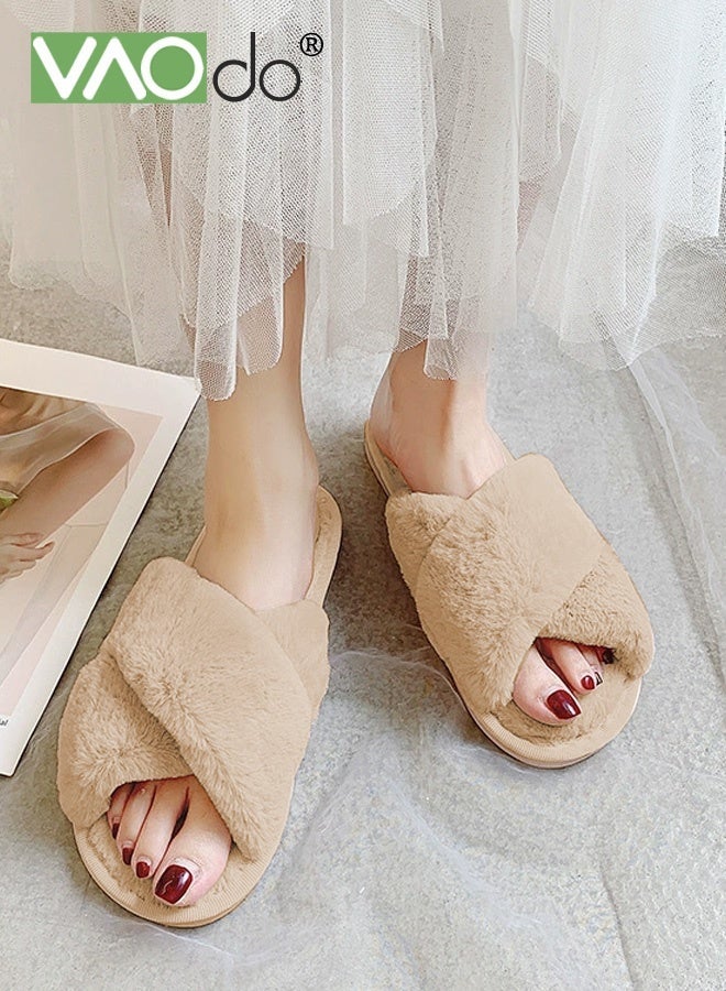 VAOdo Womens Fuzzy Memory Foam Slippers Cross Band Cozy Plush Home Slippers Fluffy Furry Open Toe House Shoes Indoor Outdoor Slide Slipper Browm - Image 5