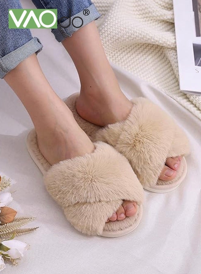 VAOdo Womens Fuzzy Memory Foam Slippers Cross Band Cozy Plush Home Slippers Fluffy Furry Open Toe House Shoes Indoor Outdoor Slide Slipper Browm - Image 2