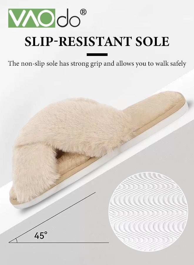 VAOdo Womens Fuzzy Memory Foam Slippers Cross Band Cozy Plush Home Slippers Fluffy Furry Open Toe House Shoes Indoor Outdoor Slide Slipper Browm - Image 4