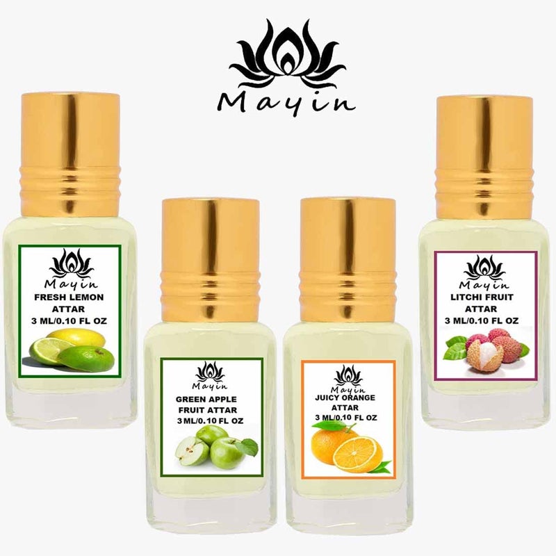 Mayin Fresh Lemon Green Apple Juicy Orange Litchi Fruit Natural ItraAttarPerfume Attar Gift PackAttar ComboCombo Pack For Men and Women 12ml Pack Of 4 - Image 2