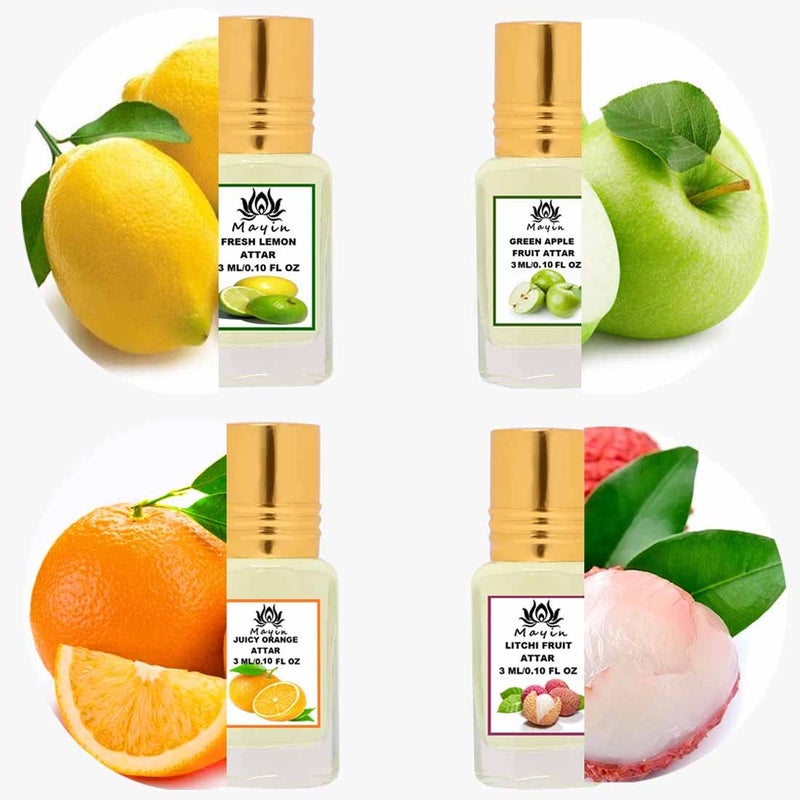 Mayin Fresh Lemon Green Apple Juicy Orange Litchi Fruit Natural ItraAttarPerfume Attar Gift PackAttar ComboCombo Pack For Men and Women 12ml Pack Of 4 - Image 3