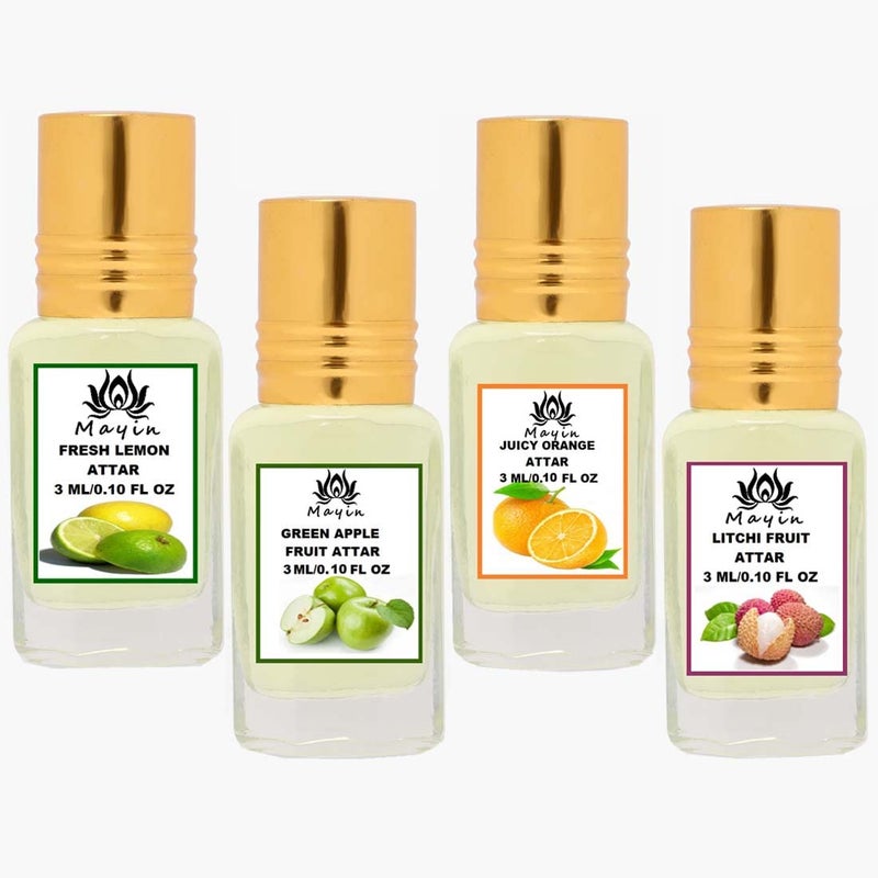 Mayin Fresh Lemon Green Apple Juicy Orange Litchi Fruit Natural ItraAttarPerfume Attar Gift PackAttar ComboCombo Pack For Men and Women 12ml Pack Of 4 - Image 1